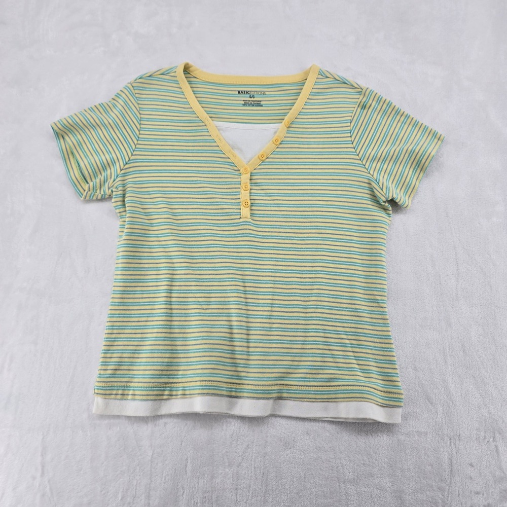Basic‎ Editions Henley Top Womens S Shirt Yellow Striped Short Sleeve Cotton
